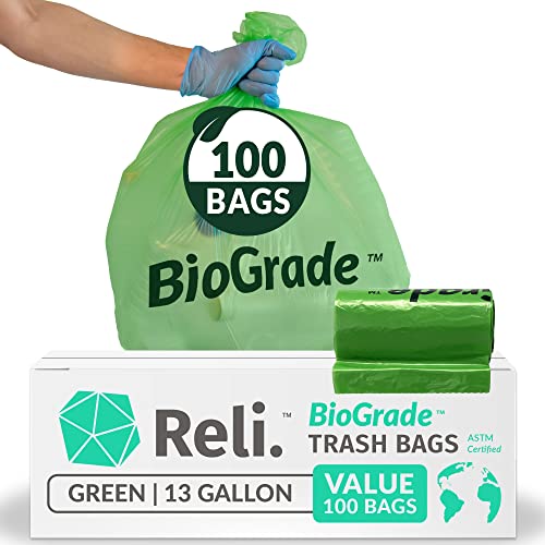 Reli. Biodegradable 13 Gallon Trash Bags | 100 Count | ASTM D6954 | Green | Eco-Friendly | Oxobiodegradable Under Certain Conditions (See Product