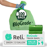 Reli. Biodegradable 13 Gallon Trash Bags | 100 Count | ASTM D6954 | Green | Eco-Friendly | Oxobiodegradable Under Certain Conditions (See Product