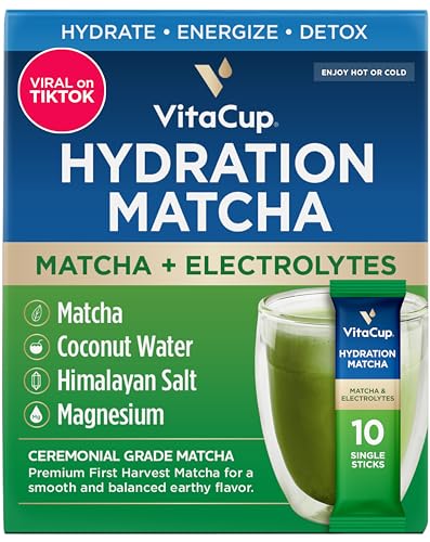 VitaCup Hydration Matcha Instant Packets, for Natural Energy and Detox, w/Electrolytes, Ceremonial Grade Organic Matcha, Coconut Water, Pink Himalayan
