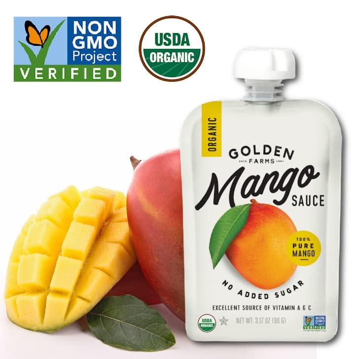 Golden Farms Mango Pouches, Single Ingredient Healthy Snacks, 100% Pure Fruit, No Added Sugar, Vegan, Gluten-Free, Kosher, Organic Squeeze Pouch