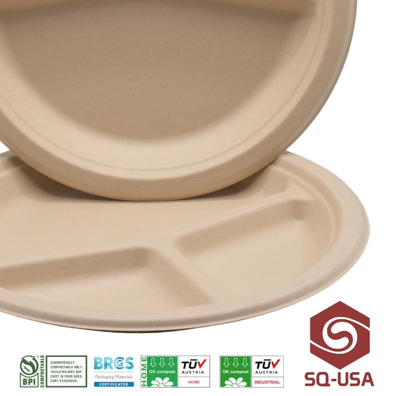 SQ USA 10 Inch Paper Plates, 3-Compartment -100 Pack, [BPI Certified], 100% Compostable, Biodegradable, Heavy Duty, Eco-Friendly Made of Bagasse…
