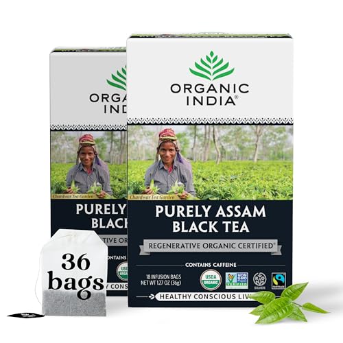 Organic India Purely Assam Black Tea - Caffeinated Herbal Tea Bags with Natural Assam Leaves, Enjoy with Milk & Sweetener, USDA Organic, Non-GMO