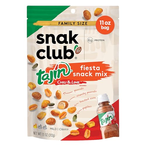 Snak Club Tajin Fiesta Snack Mix, Peanuts, Crunchy Peanuts, Toasted Corn, and Pepitas with Chili and Lime Seasoning, Mild, 11 oz Resealable Bag