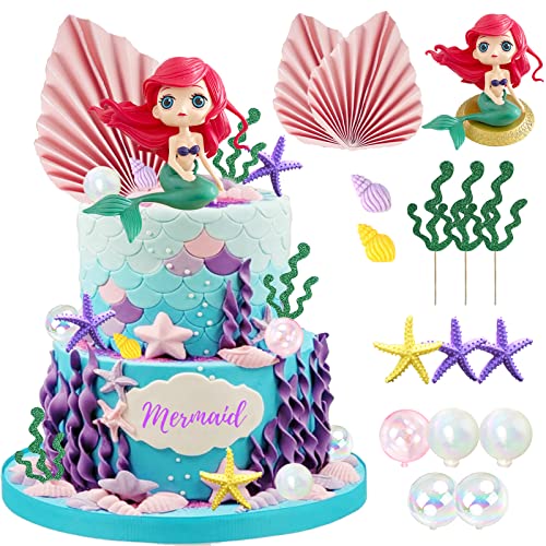 16 PCS Mermaid Cake Toppers for Mermaid Under the Sea Themed Birthday Wedding Baby Shower Party Decorations Supplies