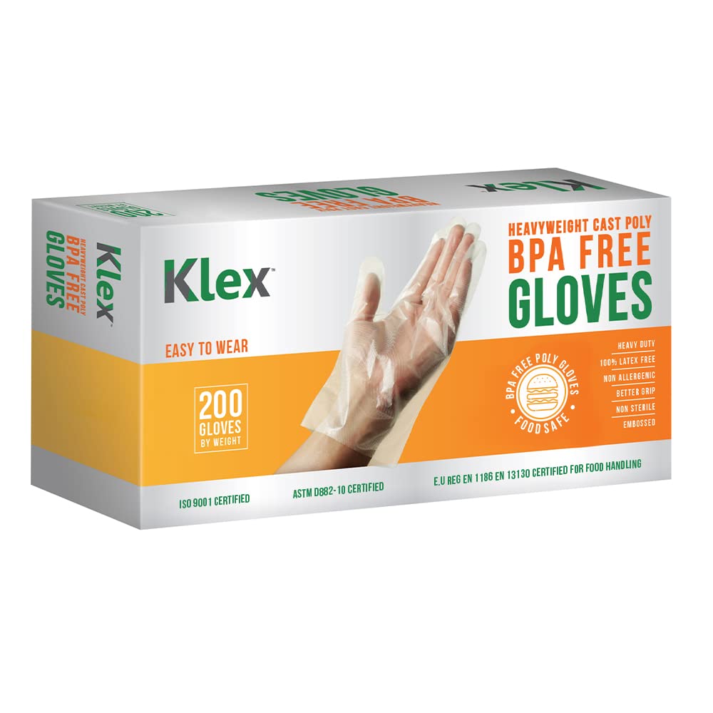 Klex 1000 BPA Free Disposable Heavyweight Cast Poly CPE Gloves, Embossed PE Plastic Glove for Food Handling Food Prep Safe, Latex & Powder Free (1000