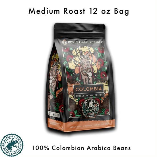 Bones Coffee Company Colombia Single-Origin Coffee, Almonds, Dried Fruit, Vanilla Notes, Flavored Ground Coffee, Medium Roast Low Acid Arabica Beans