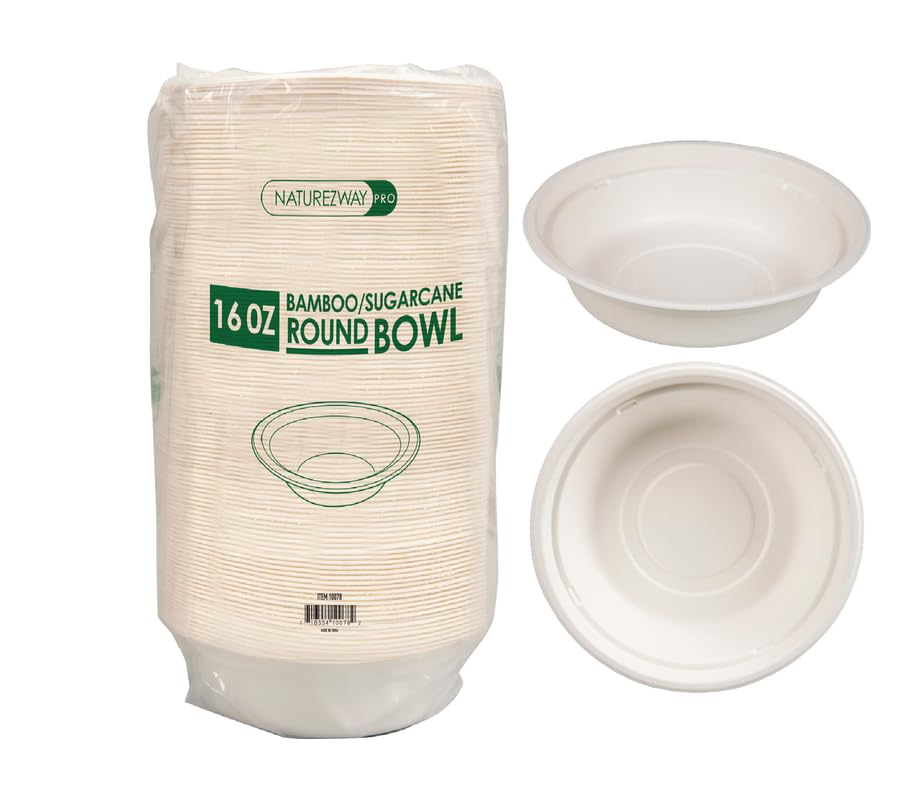 NatureZway 125-Pack of 16 oz Bamboo & Sugarcane Bowls - Durable, Leak-proof, Heavy-duty, Microwave Safe, Compostable, Plant-based Serving Solution