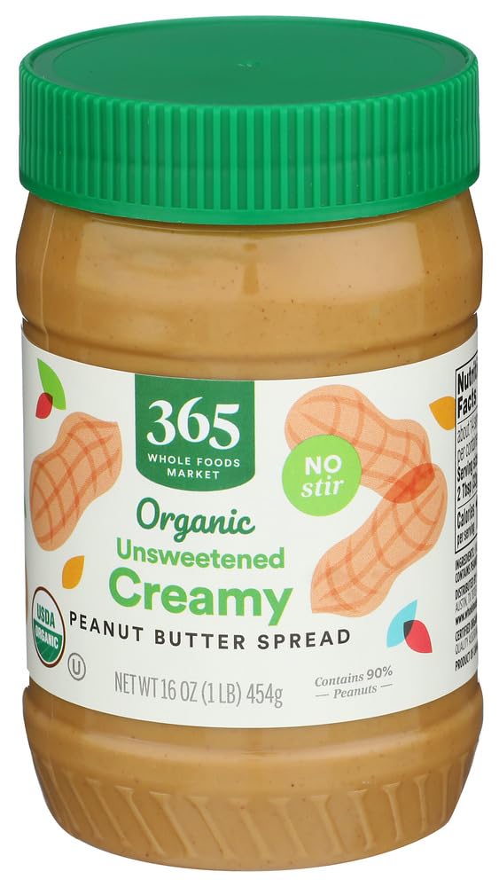 365 by Whole Foods Market, Organic Creamy Peanut Butter Spread, Unsweetened, No Stir, 16 Ounce