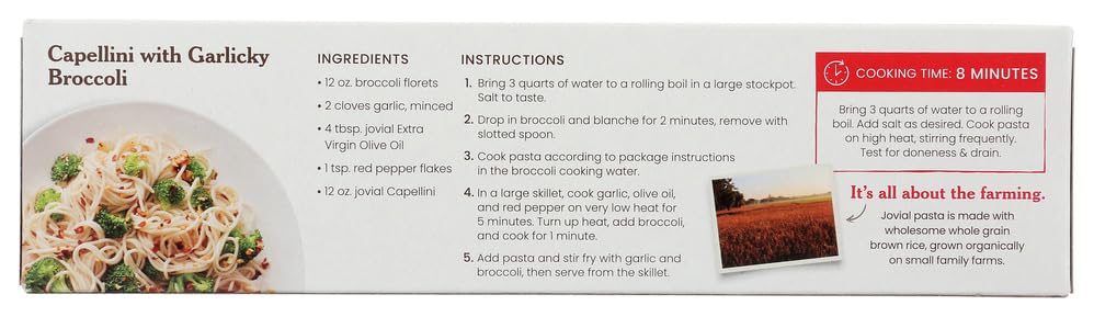 Jovial Whole Grain Brown Rice Capellini Pasta - Whole Grain Pasta, Organic, Gluten Free, Dairy Free, Brown Rice Pasta, Made in Italy - 12 Oz
