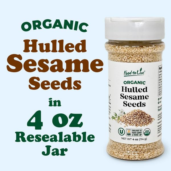Food to Live Organic Hulled Sesame Seeds, 0.25 Lbs - Raw in Resealable Jar, Perfect for Cooking, Baking, Smoothies and Salads, Non-GMO, Vegan, Kosher