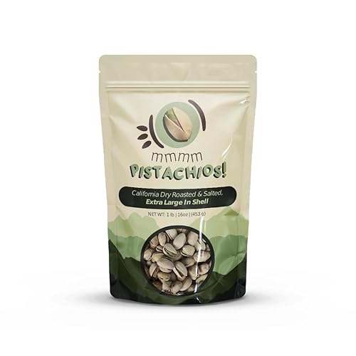 mmmm Pistachios! Dry Roasted Salted Extra Large In-Shell Pistachios, 1 Pound (16 oz) | California Grown Freshly Harvested | Vegan Gluten Free Non-GMO
