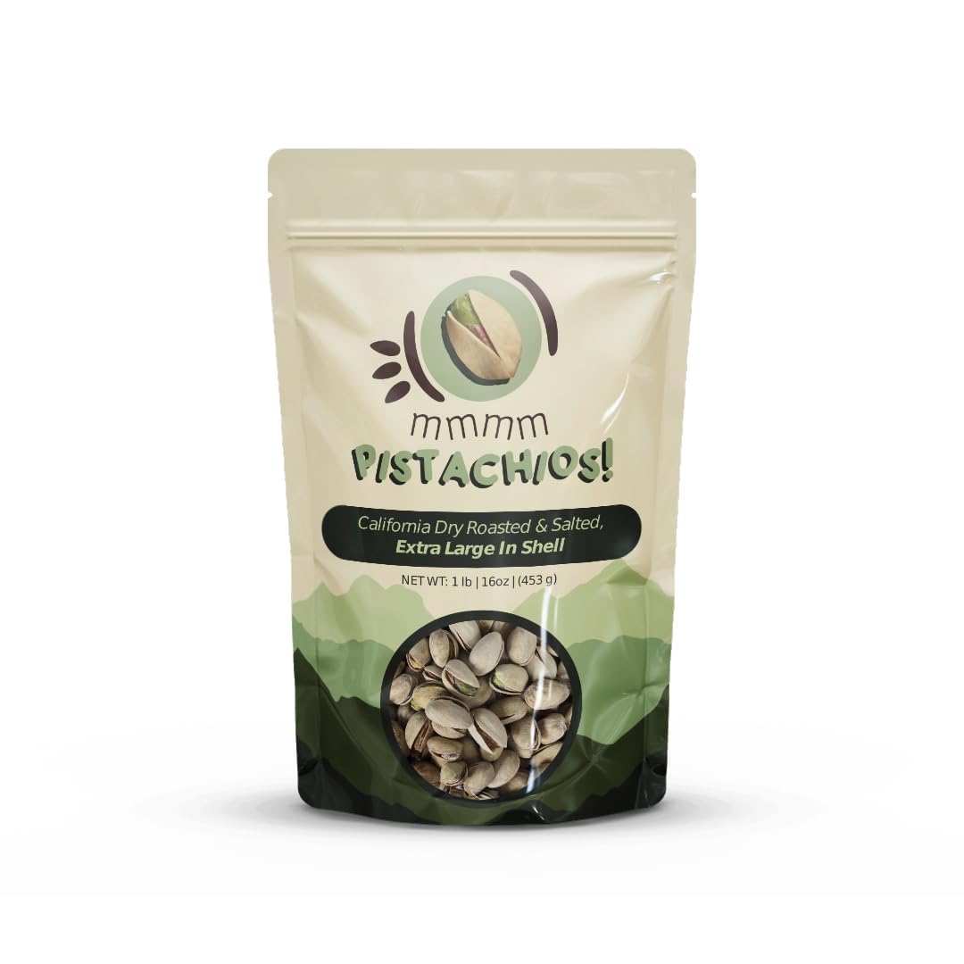 mmmm Pistachios! Dry Roasted Salted Extra Large In-Shell Pistachios, 1 Pound (16 oz) | California Grown Freshly Harvested | Vegan Gluten Free Non-GMO