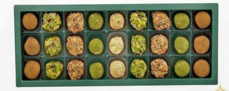 OMNIYA Delicacy Golden Dates - Luxury Date Dessert Treats, 27 Pieces w/Pistachio, Lotus, Sesame & Almond - Gourmet Mediterranean Gift Box