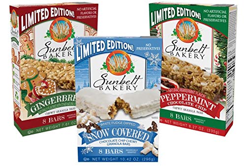Sunbelt Bakery Winter Seasonal Variety Pack, 1 Box of Gingerbread, 1 Box of Peppermint Chocolate Chip, and 1 Box of Snow Covered Chocolate Chip Chewy