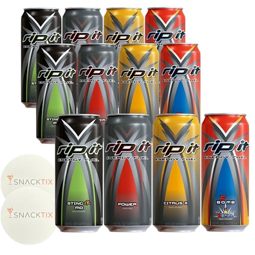 Rip It Energy Drink Variety Pack - 12 Cans of 16 fl oz Each - Assorted Flavors for an Energy Rush - with Snacktix Coaster Included (Power Energy)