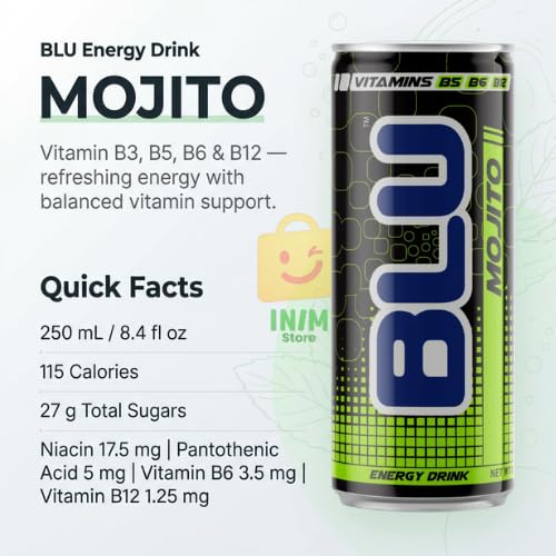 BLU Mojito Energy Drink, 12 Pack Slim Cans, 8.4 fl oz (250 mL) Each
