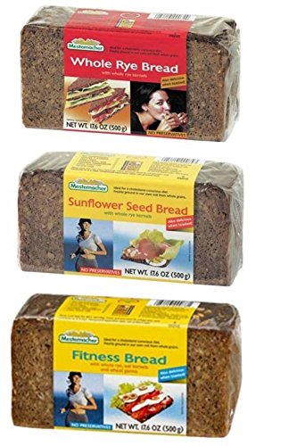 Mestemacher Natural High Fiber Bread Variety Pack - Fitness, Rye & Sunflower Seed - Whole Grain, Vegan, Non-GMO, Kosher - 17.6 oz Each (3-Pack)