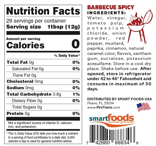 Mrs Taste Sugar Free Spicy BBQ, Zero Calories, Zero Sodium, Zero Sugar, High Fiber, Keto Friendly, Paleo Friendly, Condiments and Sauces (12 oz, Spicy