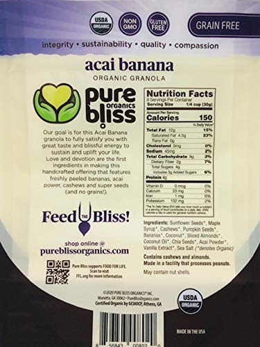 Pure Bliss Organics, Organic Paleo Granola Variety 3-Pack, 3 x 8.0 oz Pouches, 1 each of Grain Free Acai Banana, Grain Free Carrot Cake, Grain Free