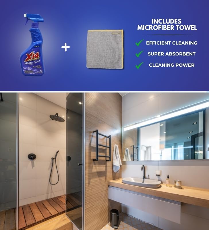 Malco X-14 Mildew Stain Remover Spray 1 qt Bundle with Microfiber Cloth - Fast-Acting Mold and Mildew Cleaner for Grout, Tile, Vinyl, Plastic, Boats