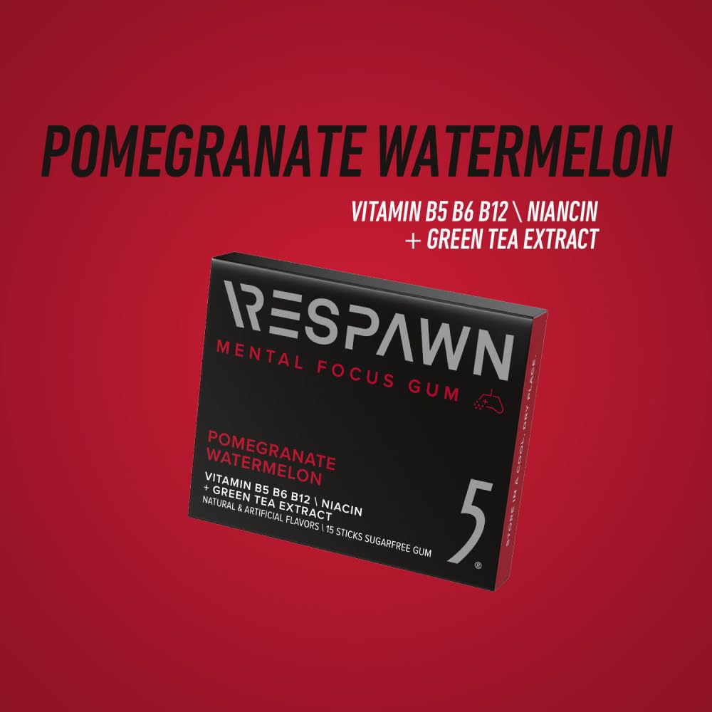 RESPAWN by 5 Gum Mental Focus Gum, Pomegranate Watermelon Sugar Free Chewing Gum, 15 Sticks