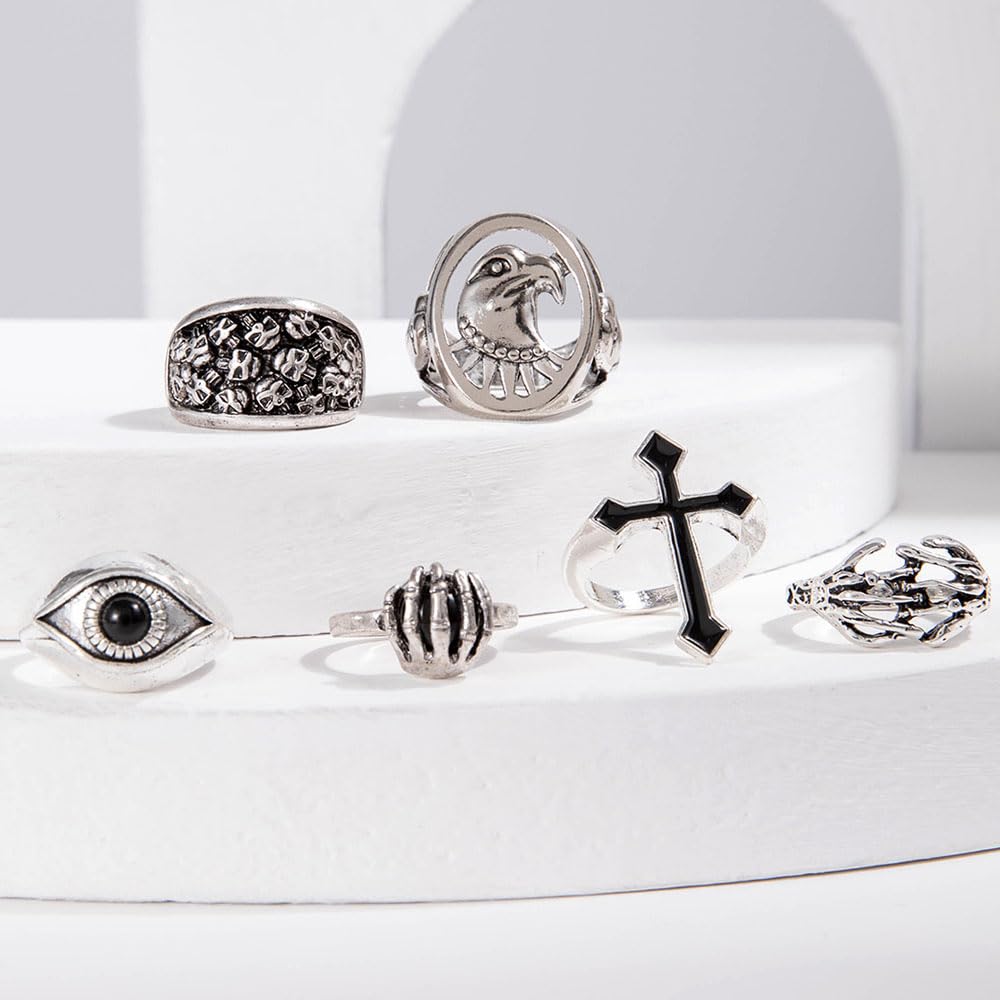 Cross skull ring set of six, eye eagle men's ring set