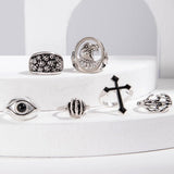 Cross skull ring set of six, eye eagle men's ring set