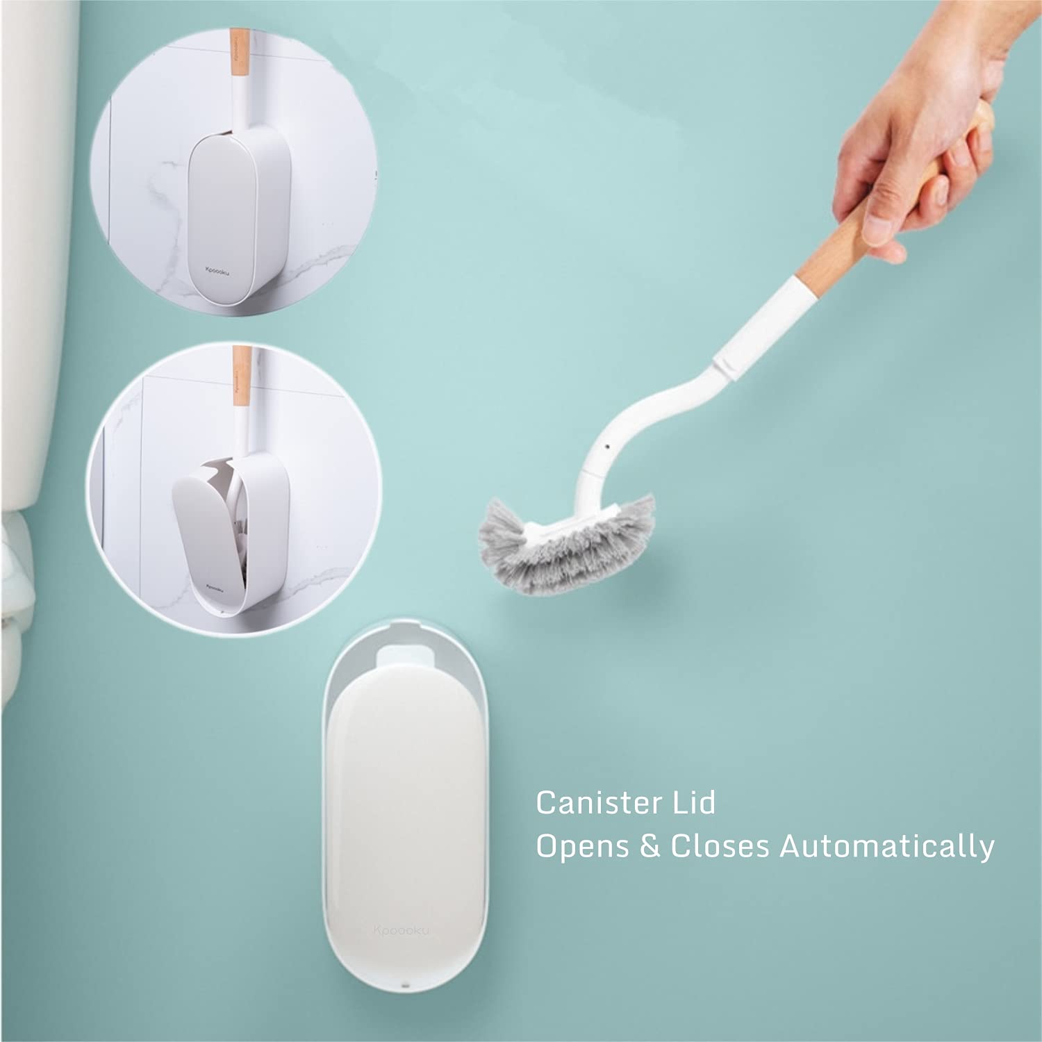 Kpoooku Toilet Brush with Holder,Curved Design Angled Clean Tool with Wood Handle,Wall Mounted Toilet Brushes Set for Bathroom
