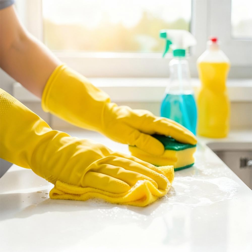 PAYWROK Rubber Kitchen Dishwashing Gloves - 4 Pairs Yellow Reusable Household Cleaning Gloves for Washing Dishes and Cleaning Tasks, Flexible