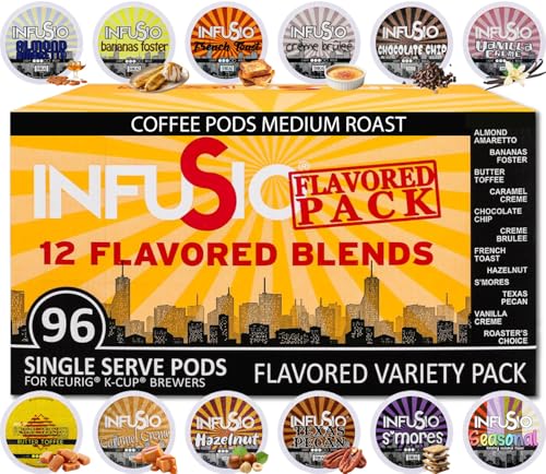 InfuSio Flavored Coffee Pods Variety Pack - 96 Count, 12 Gourmet Medium Roast Dessert-Inspired Blends like Bananas Foster & Crème Brûlée, Compatible