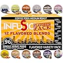 InfuSio Flavored Coffee Pods Variety Pack - 96 Count, 12 Gourmet Medium Roast Dessert-Inspired Blends like Bananas Foster & Crème Brûlée, Compatible