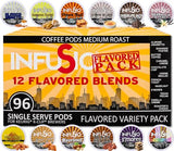 InfuSio Flavored Coffee Pods Variety Pack - 96 Count, 12 Gourmet Medium Roast Dessert-Inspired Blends like Bananas Foster & Crème Brûlée, Compatible