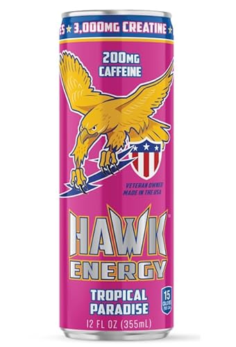 HAWK ENERGY PERFORMANCE - TROPICAL PARADISE - Premium Sugar Free Energy Drink - 12 Pack - 12 oz cans - Focus and Power - 3000mg Creatine, 200mg