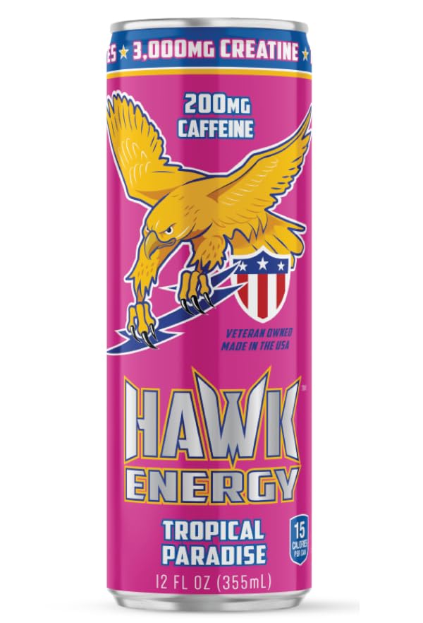 HAWK ENERGY PERFORMANCE - TROPICAL PARADISE - Premium Sugar Free Energy Drink - 12 Pack - 12 oz cans - Focus and Power - 3000mg Creatine, 200mg
