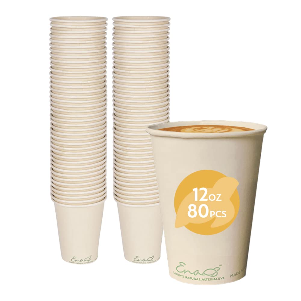 100% Compostable Disposable Coffee Cups [12oz 80 Pack] Paper Cups Made from Bamboo, Eco-Friendly, Biodegradable Premium Party Cups, Natural Unbleached