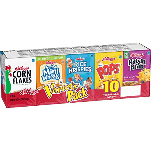 Kellogg's Breakfast Cereal Assorted Variety Pack, Corn Flakes, Frosted Flakes, Frosted Mini-Wheats Original, Raisin Bran, Froot Loops, Corn Pops, Rice