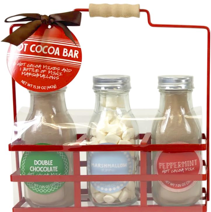 Double Chocolate and Peppermint Hot Chocolate Gift Set, with Marshmallows - Red or Green Fancy Holiday Hot Cocoa Mix in Glass Bottles - Family Hot