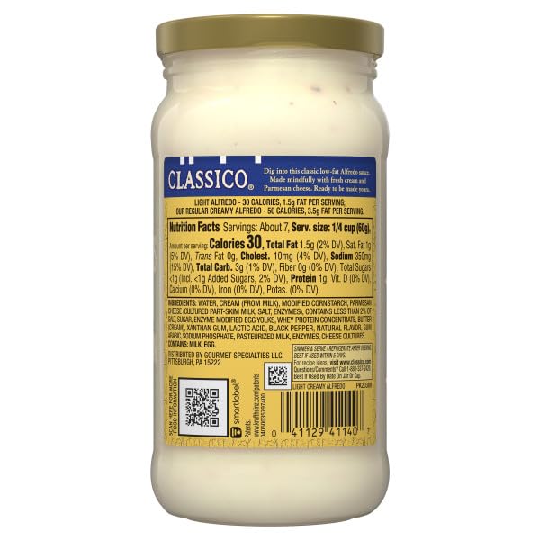Classico Light Creamy Alfredo Pasta Sauce, Made with Fresh Cream & Aged Parmesan, 15 Oz (Pack of 6)