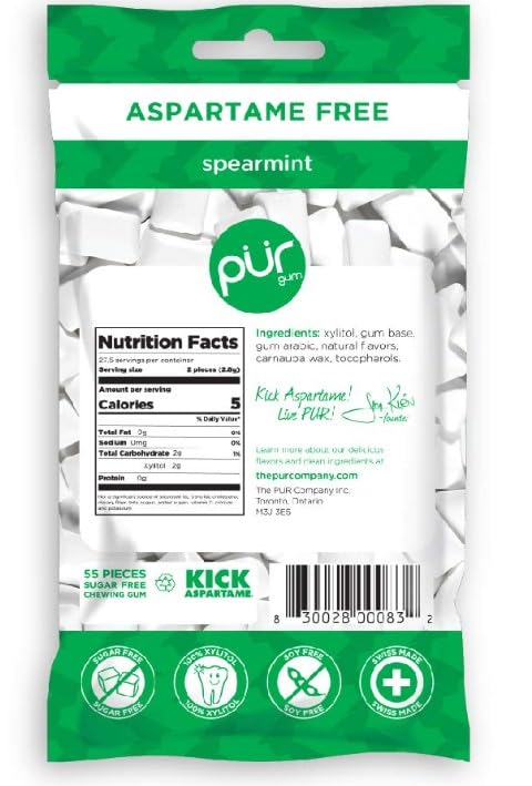 PUR Spearmint Chewing Gum, Sugar-Free, Aspartame-Free, Xylitol-Based,330 Pieces, 4 Pack
