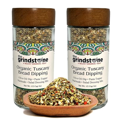 The Grindstone, Organic Tuscany bread dipping mix, perfect seasoning spice with extra virgin olive oil, bread, pasta topper, 2 oz. glass bottle