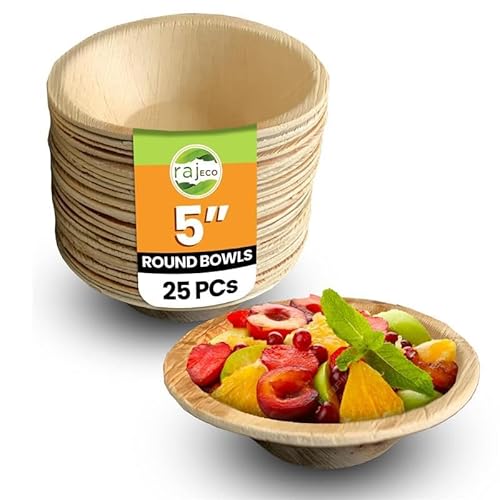 Raj Disposable Palm Leaf Bowls (25 Count, 5" Bowls) Strong Bowl Like Bamboo Party Bowl - Decorative Compostable Tableware for Lunch, Dinner, Birthday