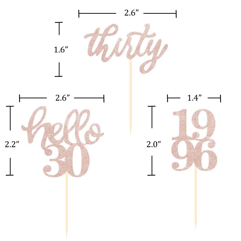 24 Pcs Rose Gold Glitter 30th Birthday Cupcake Toppers for 30th Anniversary Birthday Party Wedding Party Decorations