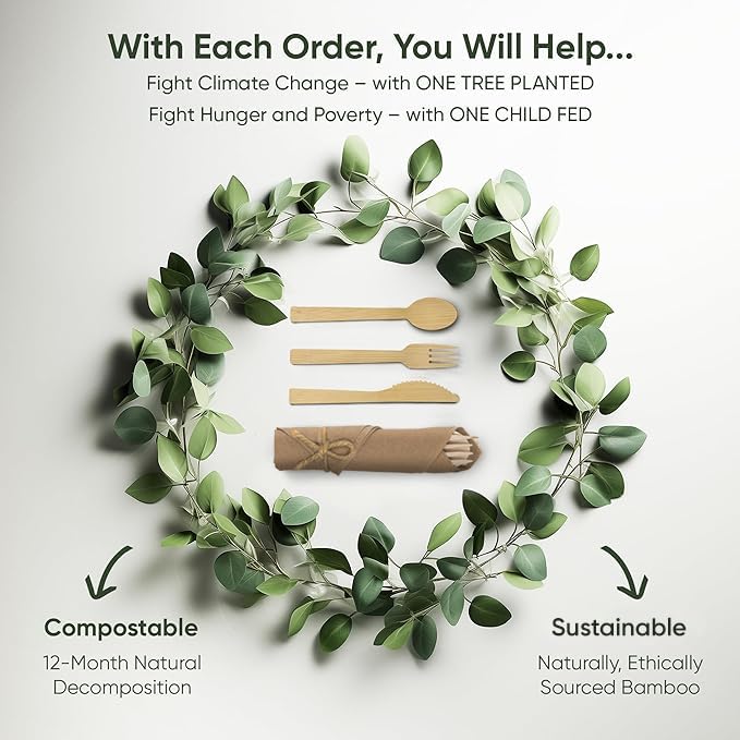 EcoPreps Premium Pre Rolled Brown Paper Napkin and Bamboo Cutlery Set (50 Pack, 200 PCS) 100% Biodegradable, Disposable Wrapped Disposable Silverware