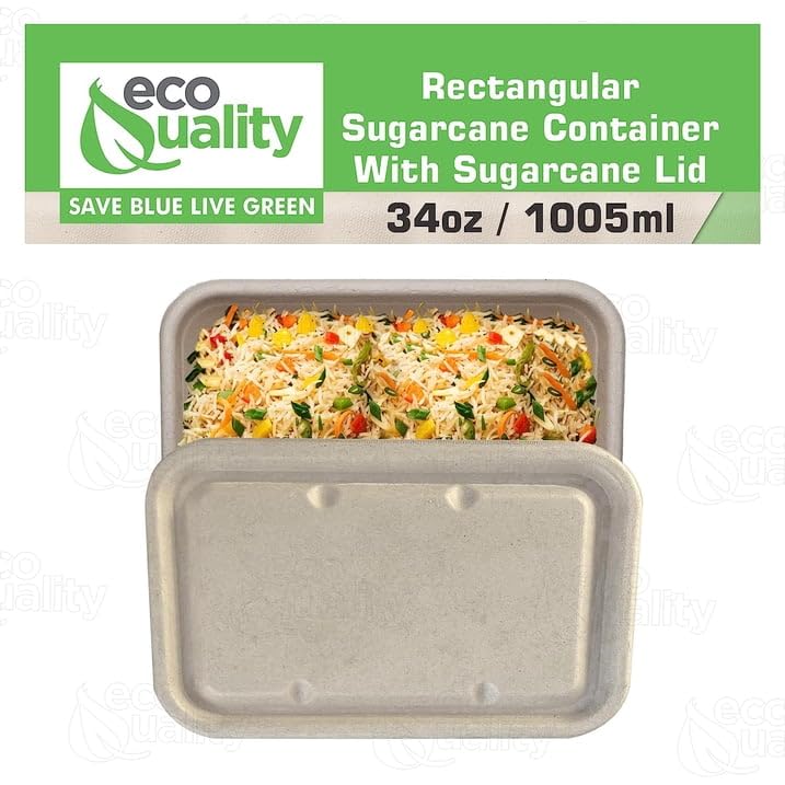 EcoQuality 34oz Disposable Bowls with Fiber Lids - Rectangular Compostable Sugarcane Fiber Biodegradable Paper Bowls Eco-Friendly Take Out Food