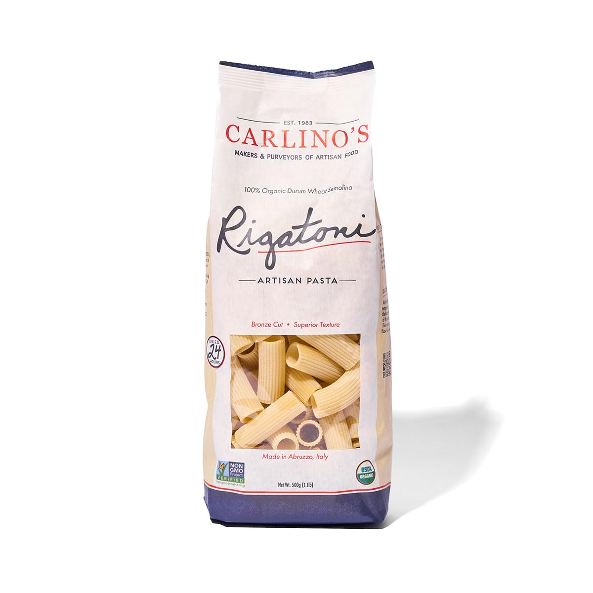Carlino's Dried Rigatoni | Organic Durum Wheat Semolina | Bronze Die Cut | Air Dried | Non-GMO, USDA Organic, Made in Italy, 17.6 Oz (Pack of 4)