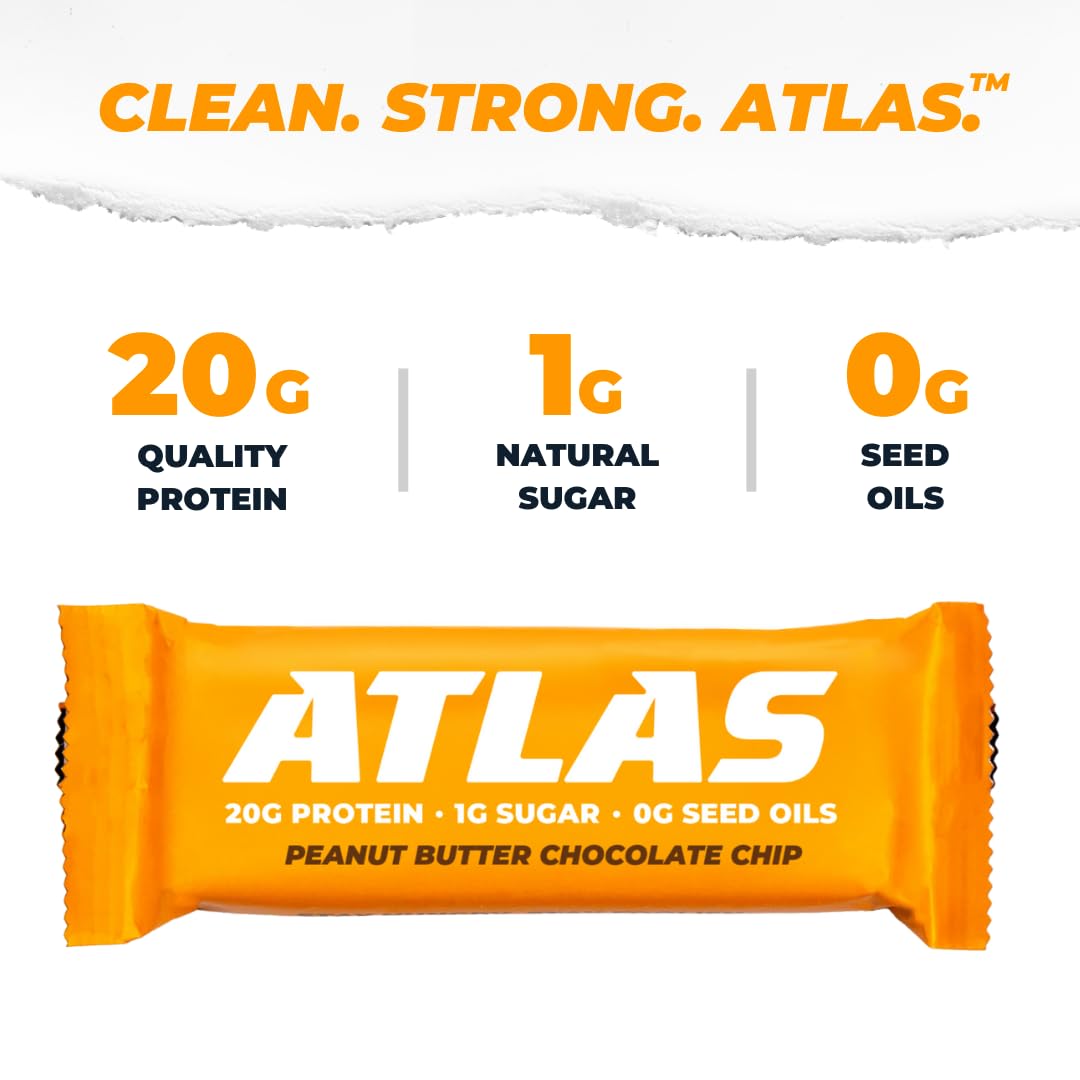 Atlas Real Food Protein Bar - 20g Clean Protein, 1g Sugar, No Seed Oils, No Artificial Sweeteners (Peanut Butter Chocolate Chip, 36 Count)