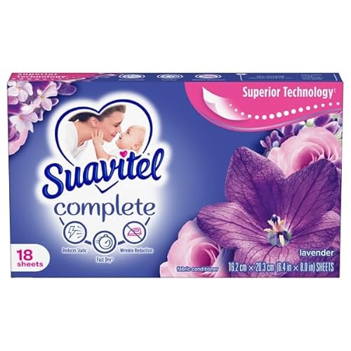Suavitel Complete Fabric Conditioner Dryer Sheets - Lavender Scent, Long-Lasting Freshness, Anti-Static Softening Laundry Sheets - 18 Count