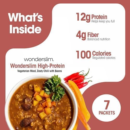 WonderSlim Protein Meal, Zesty Vegetable Chili w/Beans, 12g Protein, 4g Fiber, Gluten Free (7ct)