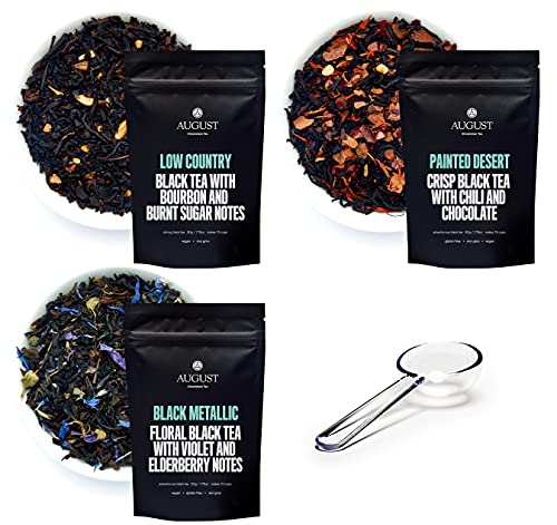 August Uncommon Sampler - Variety Tea Set of 3 Black Loose Leaf Tea Blends with a Crystal Scoop - Low Country, Painted Desert, and Black Metallic