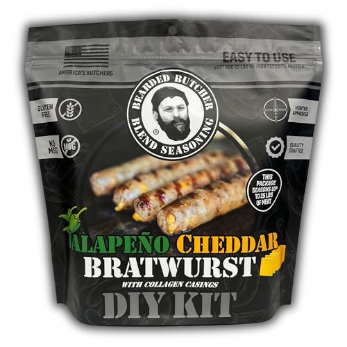 Bearded Butchers Jalapeño Cheddar Bratwurst DIY Kit - Make Spicy, Savory Brats at Home! Includes Bratwurst Seasoning, 32mm Collagen Casings, Jalapeño